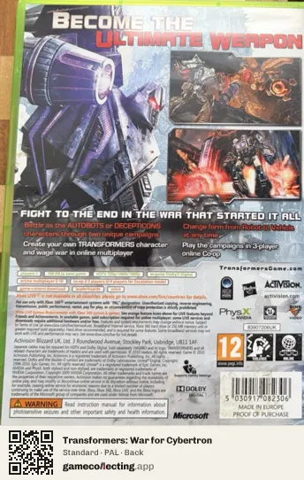Transformers: War for Cybertron Xbox 360, PAL box back