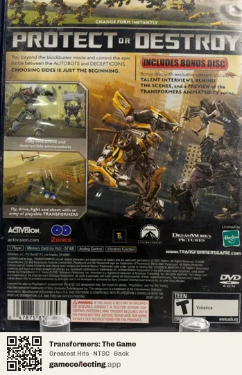 Transformers: The Game PlayStation 2, NTSC box back