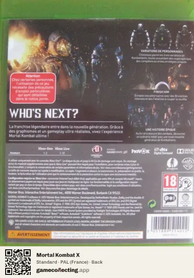 Mortal Kombat X Xbox One, France box back