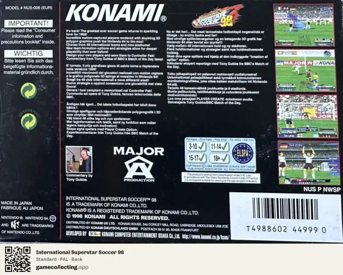 International Superstar Soccer 98 Nintendo 64, PAL box back