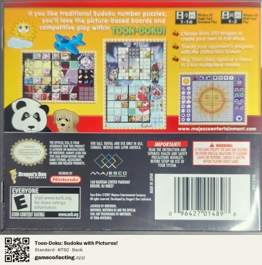 Toon-Doku: Sudoku with Pictures! Nintendo DS, NTSC box back