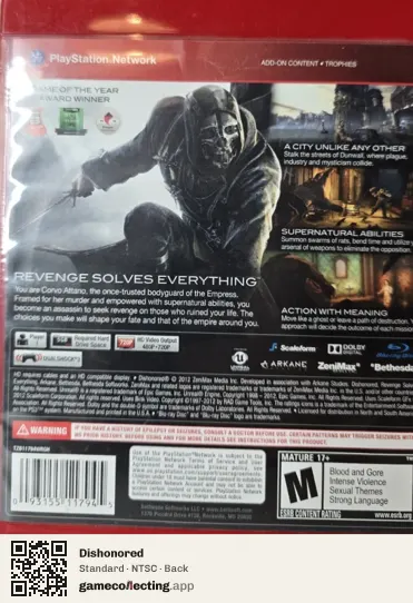 Dishonored PlayStation 3, NTSC box back