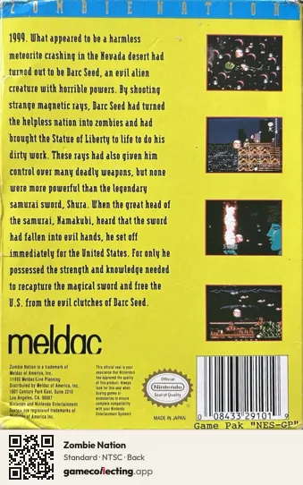 Zombie Nation Nintendo Entertainment System, NTSC box back