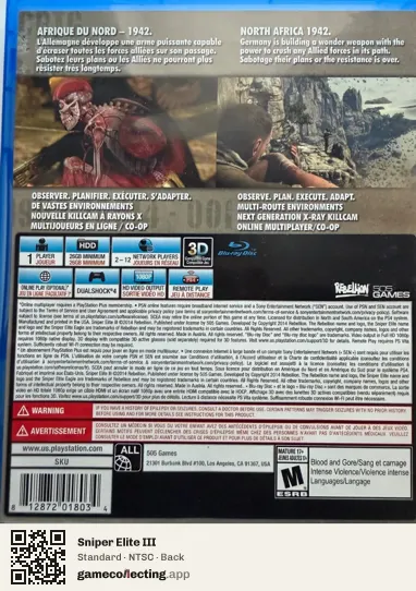 Sniper Elite III PlayStation 4, NTSC box back