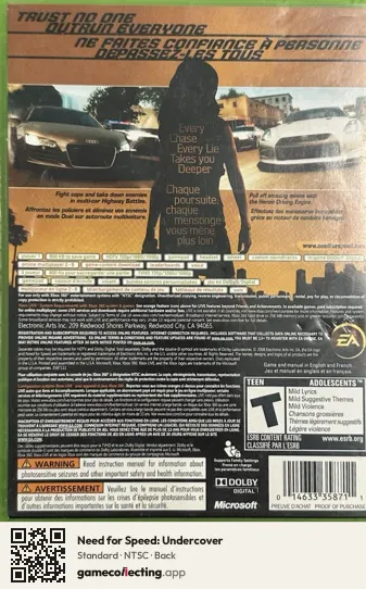 Need for Speed: Undercover Xbox 360, NTSC box back