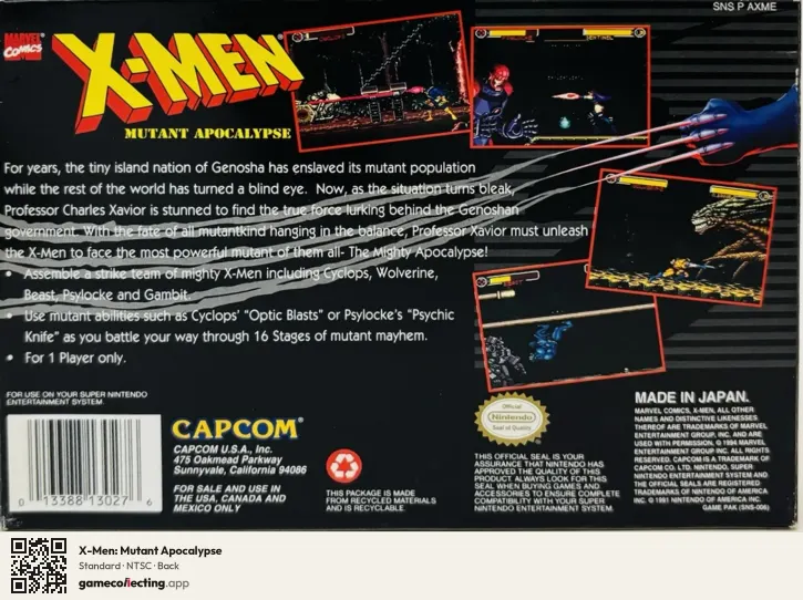 X-Men: Mutant Apocalypse Super Nintendo Entertainment System, NTSC box back