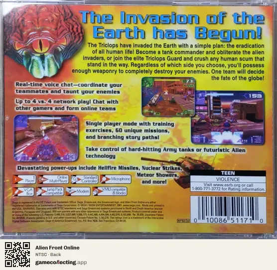 Alien Front Online Sega Dreamcast, NTSC box back