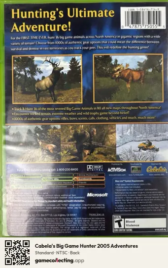 Cabela's Big Game Hunter 2005 Adventures Xbox, NTSC box back