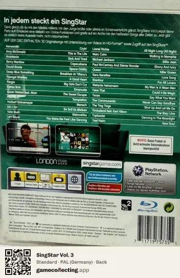 SingStar Vol. 3 PlayStation 3, Germany box back