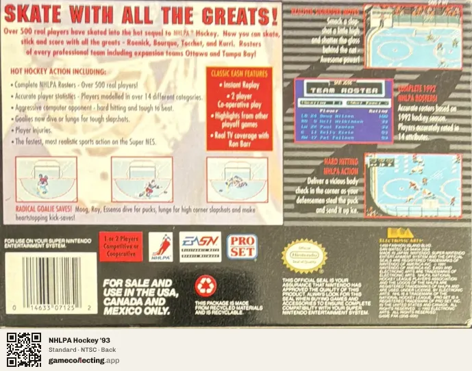 NHLPA Hockey '93 Super Nintendo Entertainment System, NTSC box back