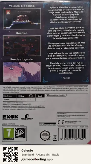 Celeste Nintendo Switch, Spain box back