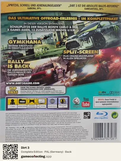 Dirt 3 PlayStation 3, Germany box back