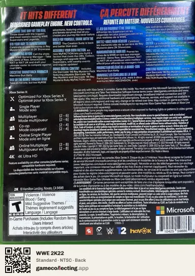 WWE 2K22 Xbox Series X, NTSC box back