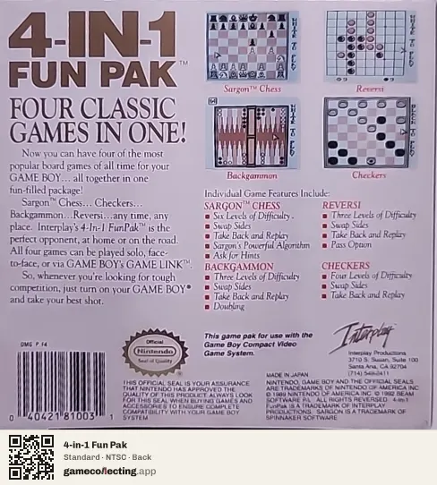 4-in-1 Fun Pak Game Boy, NTSC box back