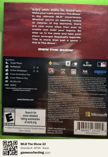 MLB The Show 22 Xbox One, NTSC box back
