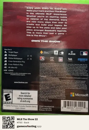 MLB The Show 22 Xbox One, NTSC box back
