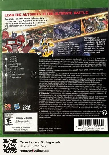 Transformers: Battlegrounds Xbox One, NTSC box back