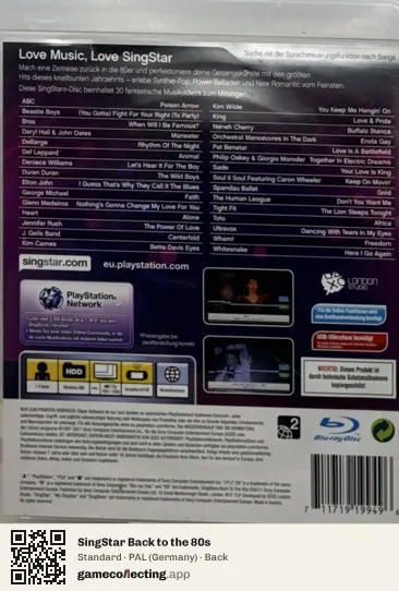 SingStar Back to the 80s PlayStation 3, Germany box back