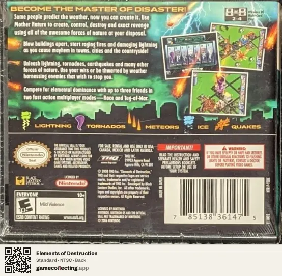 Elements of Destruction Nintendo DS, NTSC box back