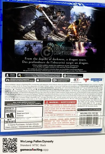 Wo Long: Fallen Dynasty PlayStation 5, NTSC box back
