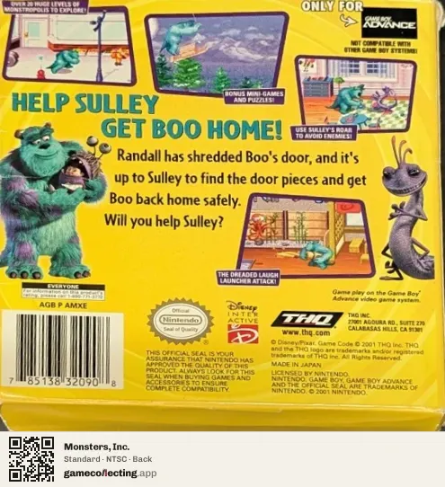 Monsters, Inc. Game Boy Advance, NTSC box back