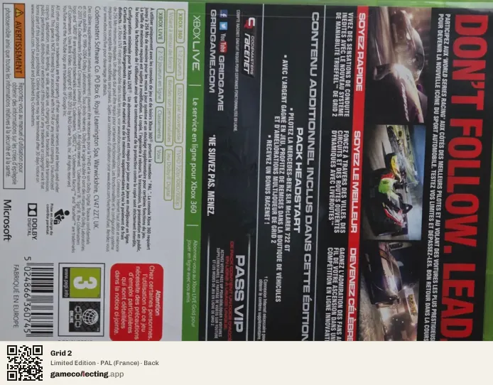 Grid 2 Xbox 360, France box back