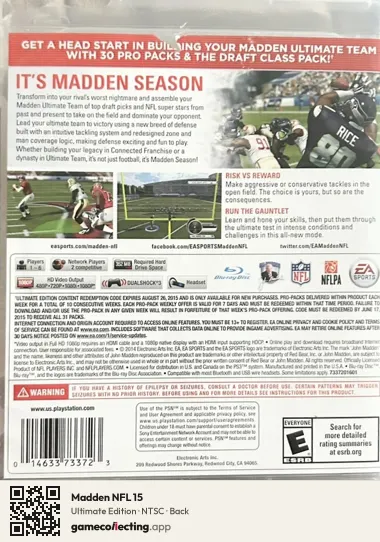 Madden NFL 15 PlayStation 3, NTSC box back