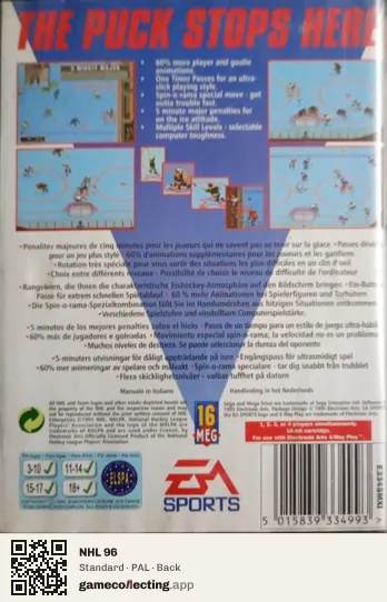 NHL 96 Sega Mega Drive / Genesis, PAL box back