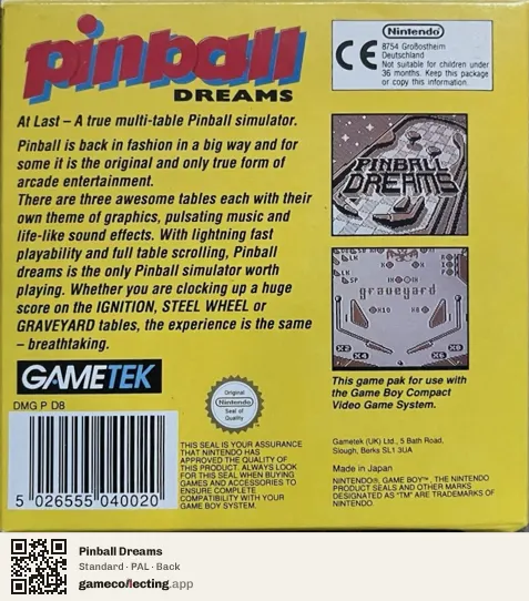 Pinball Dreams Game Boy, PAL box back