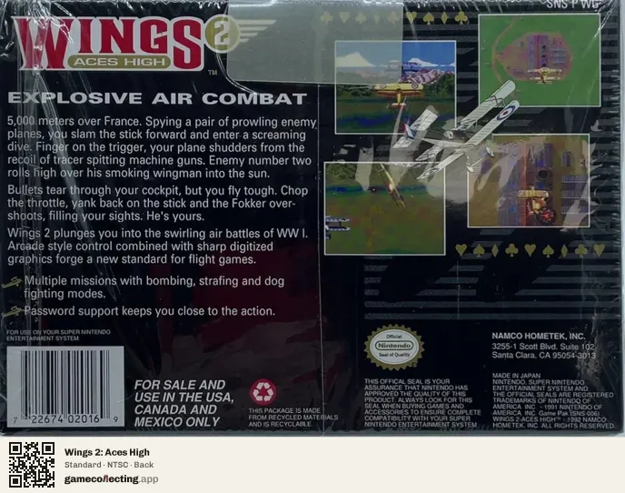 Wings 2: Aces High Super Nintendo Entertainment System, NTSC box back