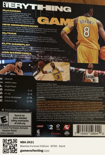 NBA 2K21 Xbox One, NTSC box back