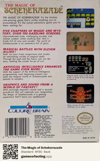 The Magic of Scheherazade Nintendo Entertainment System, NTSC box back