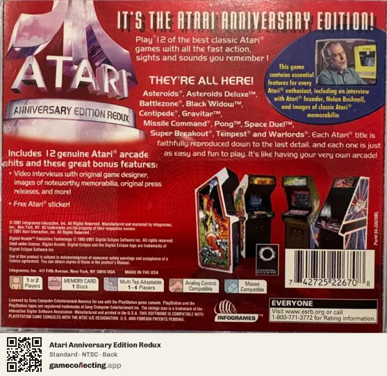 Atari Anniversary Edition Redux PlayStation, NTSC box back