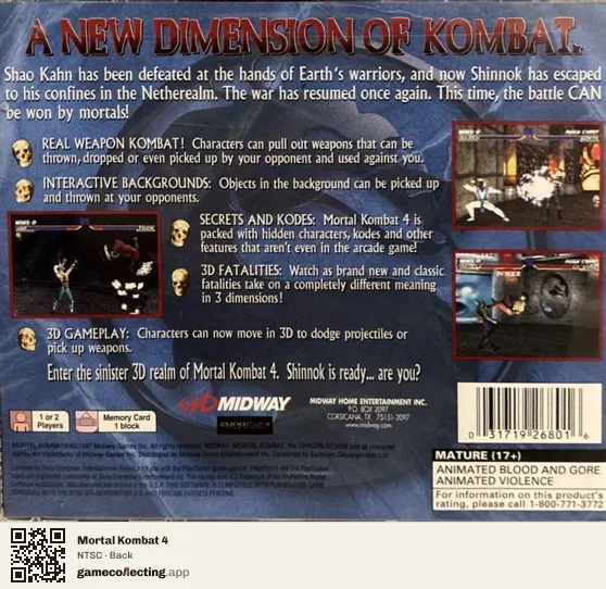 Mortal Kombat 4 PlayStation, NTSC box back