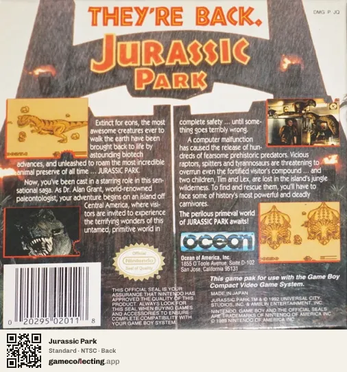 Jurassic Park Game Boy, NTSC box back