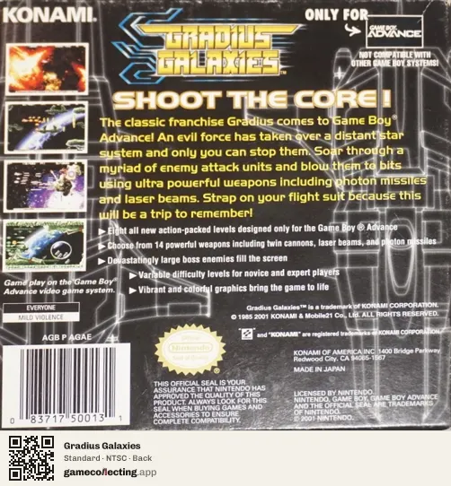 Gradius Galaxies Game Boy Advance, NTSC box back
