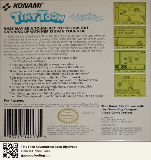 Tiny Toon Adventures: Babs' Big Break Game Boy, NTSC box back