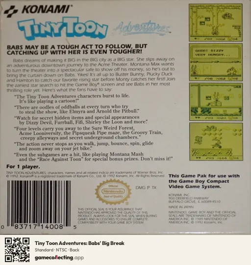 Tiny Toon Adventures: Babs' Big Break Game Boy, NTSC box back