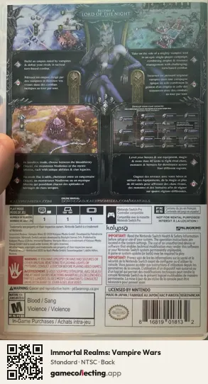 Immortal Realms: Vampire Wars Nintendo Switch, NTSC box back