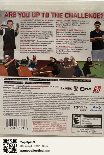 Top Spin 3 PlayStation 3, NTSC box back