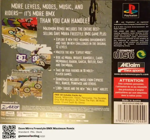 Dave Mirra Freestyle BMX Maximum Remix PlayStation, PAL box back