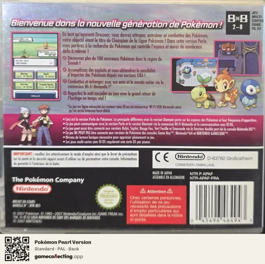 Pokémon Pearl Version Nintendo DS, PAL box back