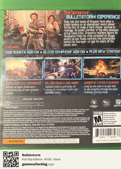 Bulletstorm Xbox One, NTSC box back