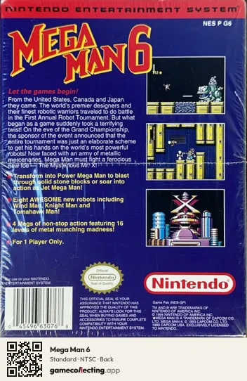 Mega Man 6 Nintendo Entertainment System, NTSC box back