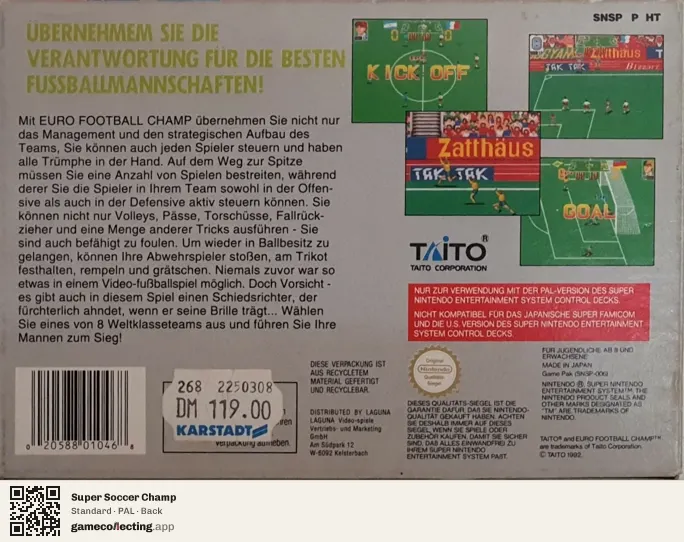 Super Soccer Champ Super Nintendo Entertainment System, PAL box back