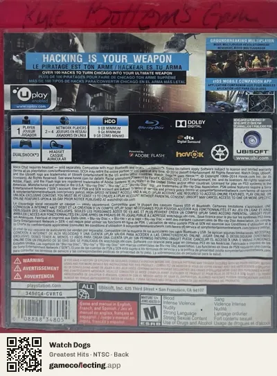 Watch Dogs PlayStation 3, NTSC box back