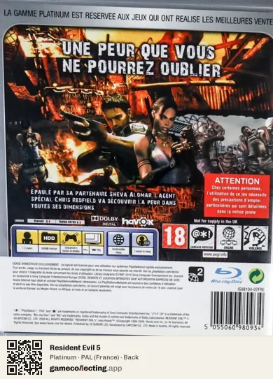 Resident Evil 5 PlayStation 3, France box back