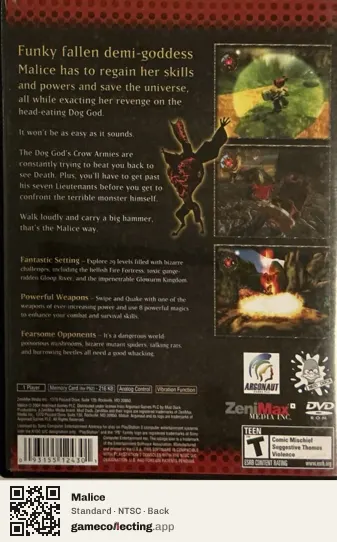 Malice PlayStation 2, NTSC box back