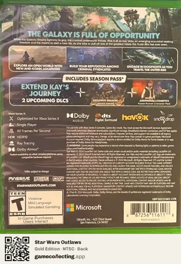 Star Wars Outlaws Xbox Series X, NTSC box back
