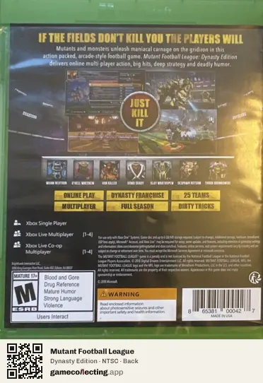 Mutant Football League Xbox One, NTSC box back